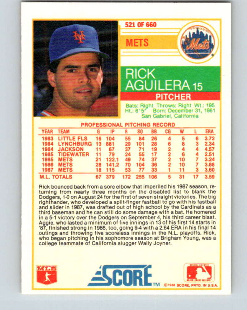 1988 Score #521 Rick Aguilera Mint New York Mets  Image 2