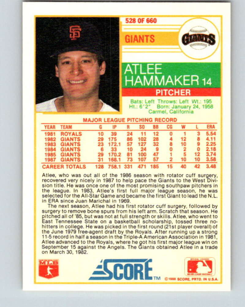 1988 Score #528 Atlee Hammaker Mint San Francisco Giants  Image 2