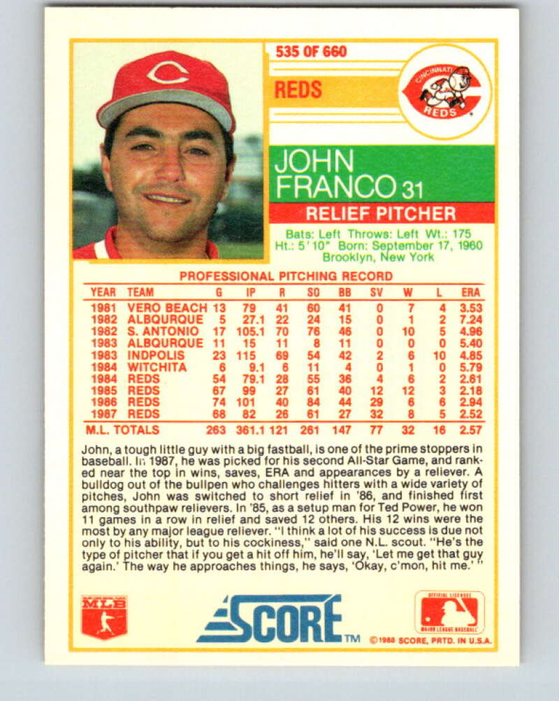 1988 Score #535 John Franco Mint Cincinnati Reds  Image 2