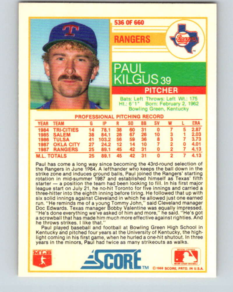 1988 Score #536 Paul Kilgus Mint RC Rookie Texas Rangers  Image 2