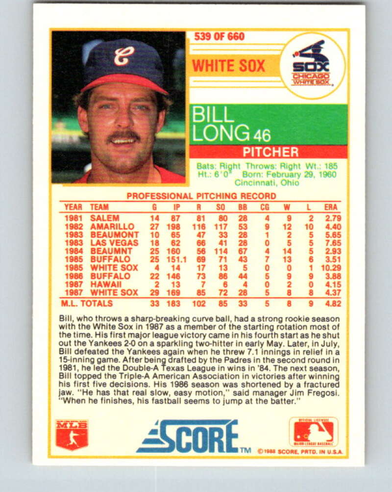 1988 Score #539 Bill Long Mint RC Rookie Chicago White Sox  Image 2