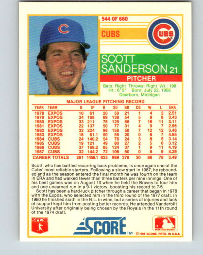 1988 Score #544 Scott Sanderson Mint Chicago Cubs  Image 2