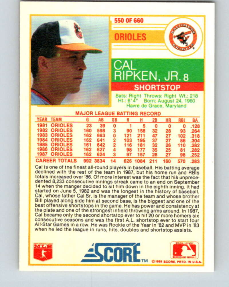 1988 Score #550 Cal Ripken Jr. Mint Baltimore Orioles