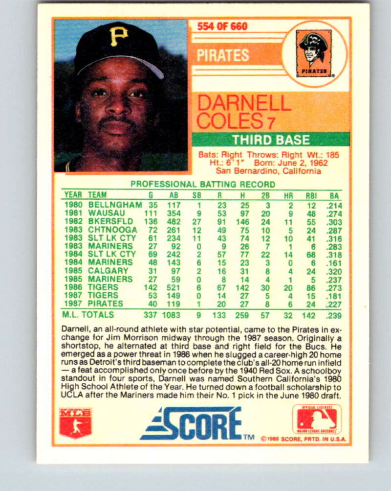 1988 Score #554 Darnell Coles Mint Pittsburgh Pirates  Image 2