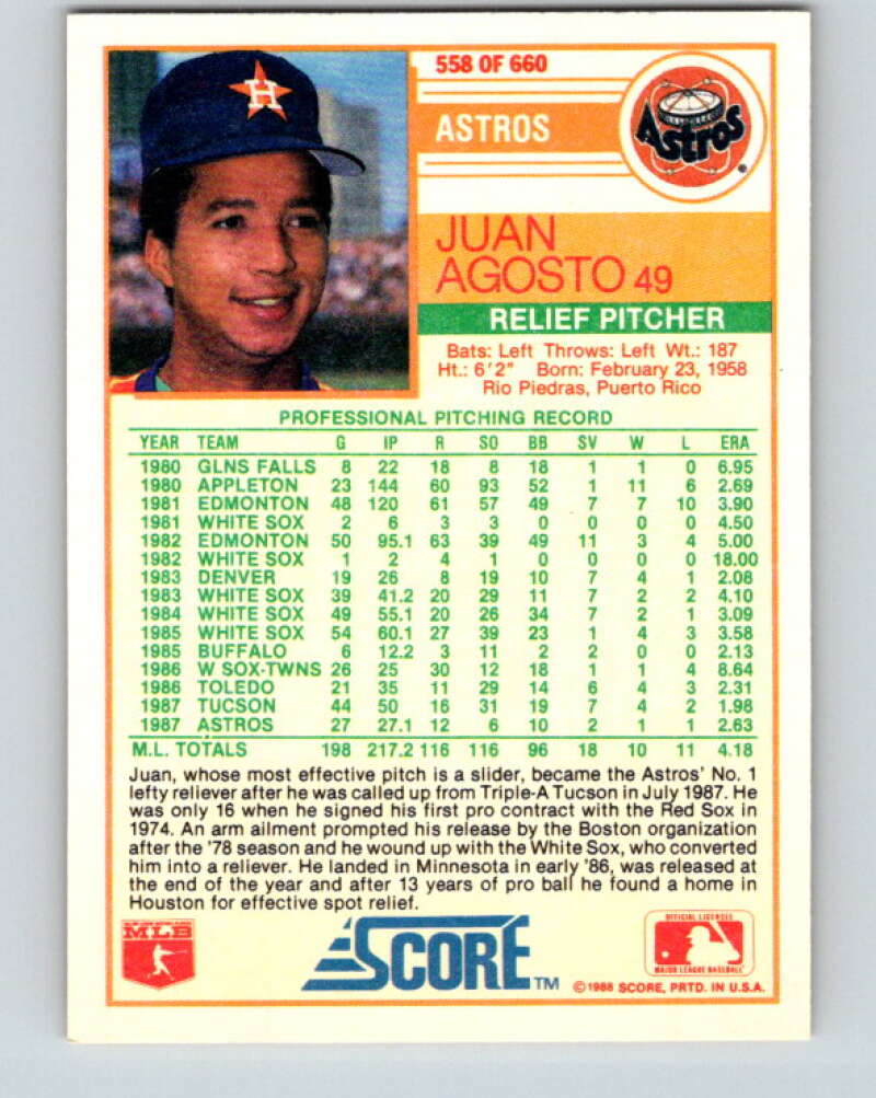 1988 Score #558 Juan Agosto Mint Houston Astros  Image 2