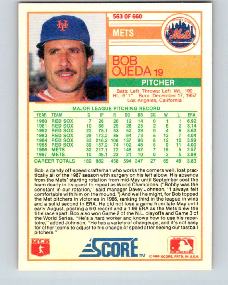 1988 Score #563 Bob Ojeda Mint New York Mets  Image 2