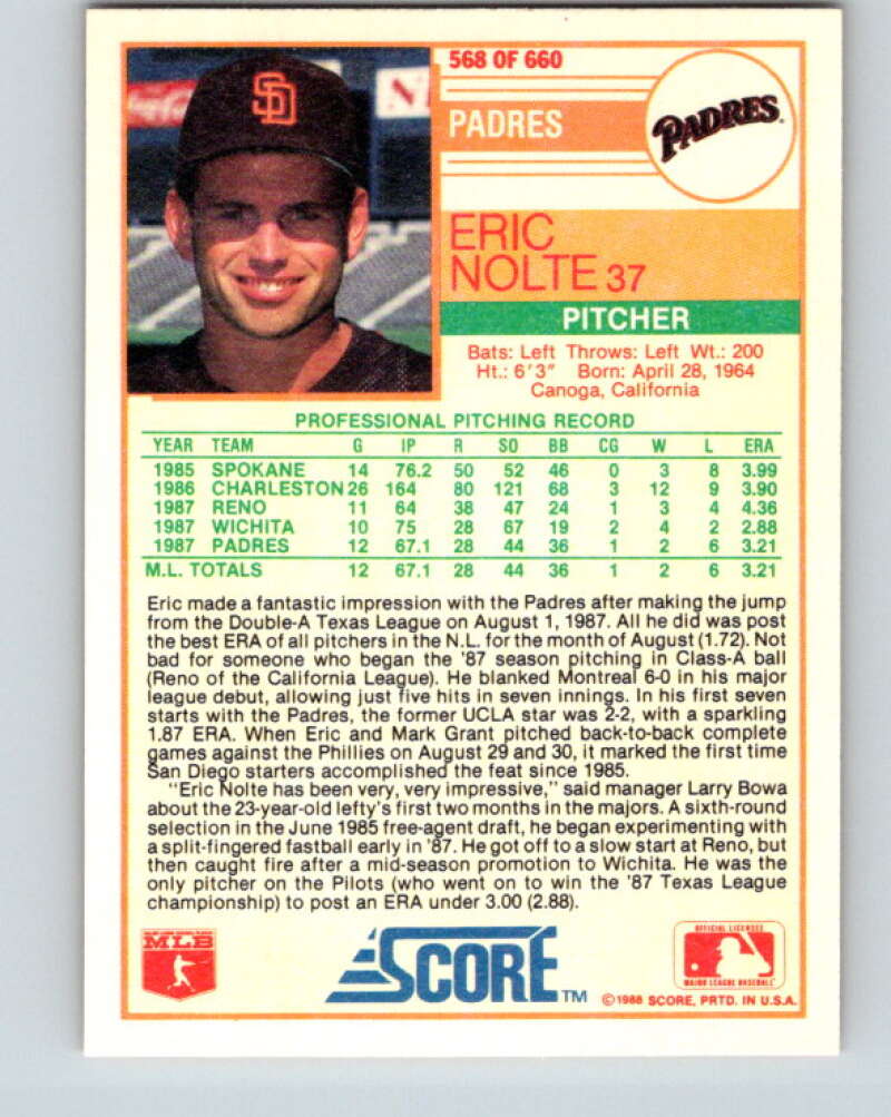 1988 Score #568 Eric Nolte Mint RC Rookie San Diego Padres  Image 2