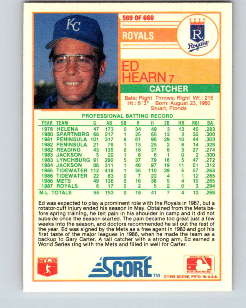 1988 Score #569 Ed Hearn Mint Kansas City Royals  Image 2