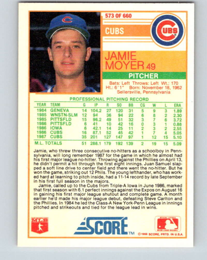 1988 Score #573 Jamie Moyer Mint Chicago Cubs  Image 2