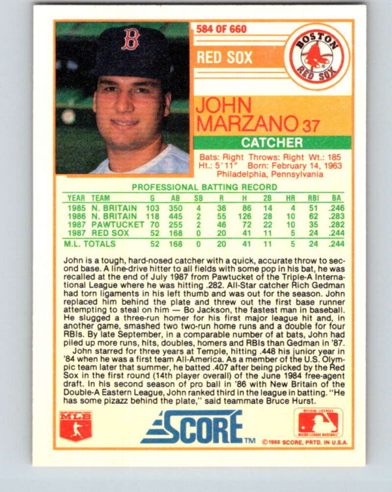 1988 Score #584 John Marzano Mint Boston Red Sox  Image 2