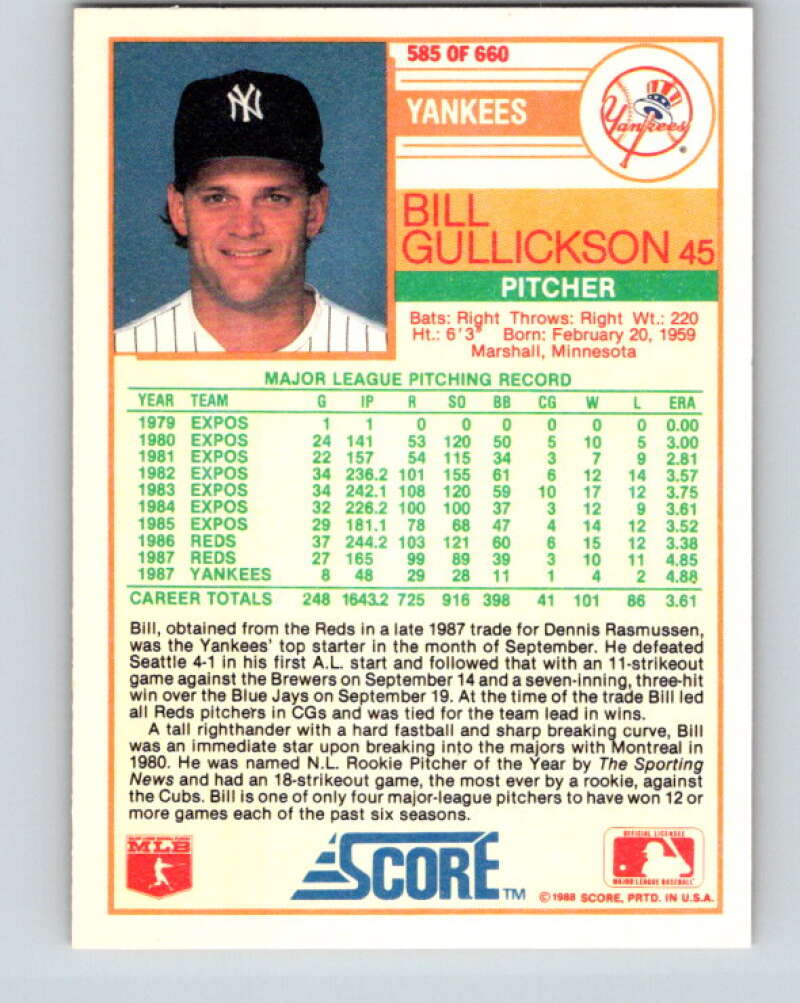 1988 Score #585 Bill Gullickson Mint New York Yankees  Image 2