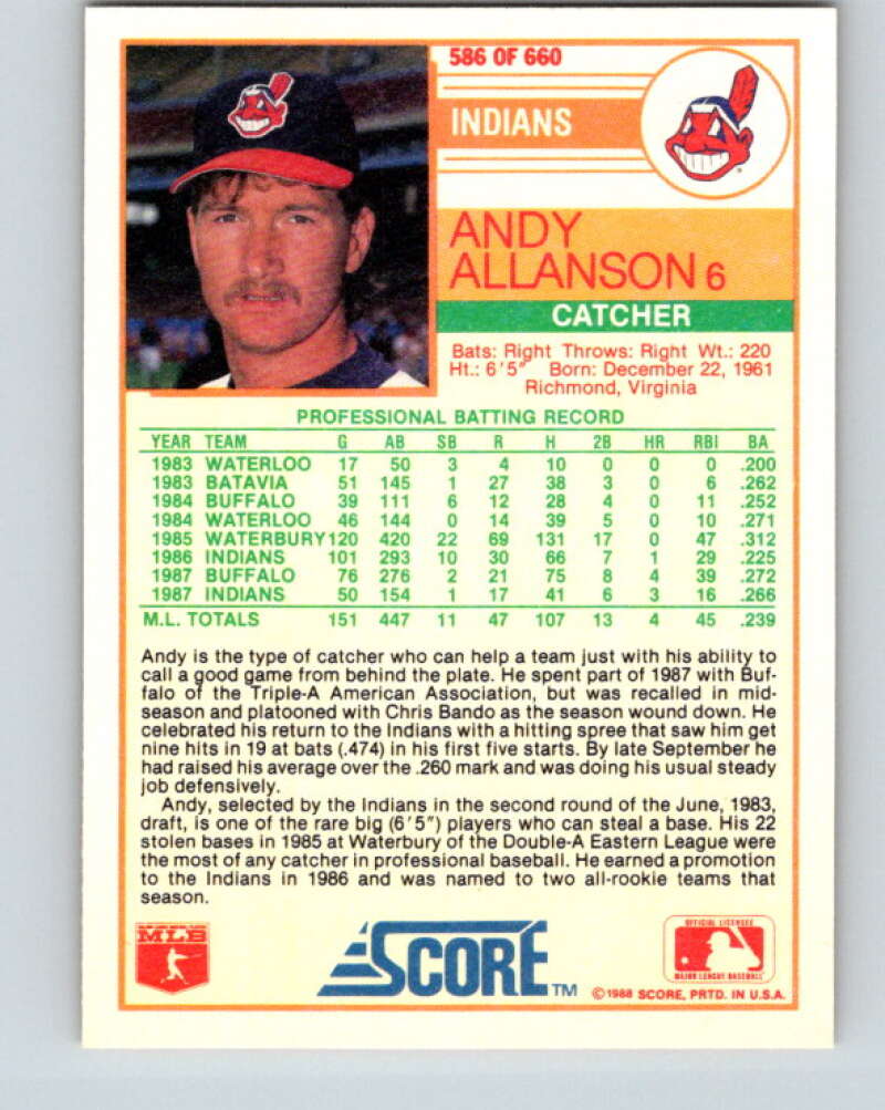 1988 Score #586 Andy Allanson Mint Cleveland Indians  Image 2