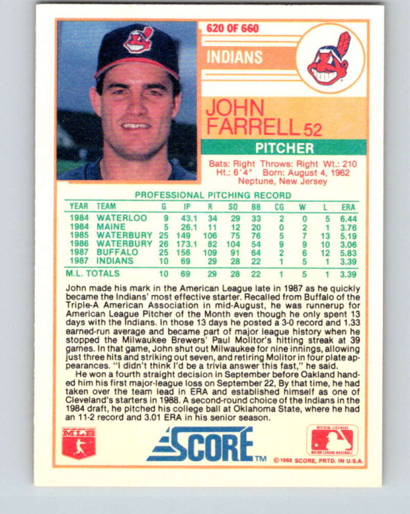 1988 Score #620 John Farrell Mint RC Rookie Cleveland Indians  Image 2