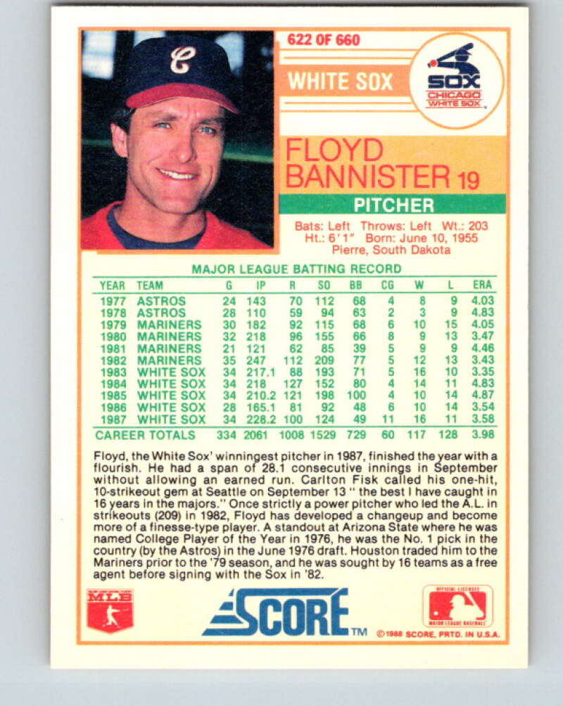 1988 Score #622 Floyd Bannister Mint Chicago White Sox  Image 2