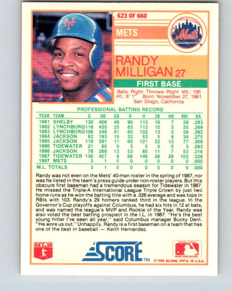 1988 Score #623 Randy Milligan RP Mint RC Rookie New York Mets  Image 2