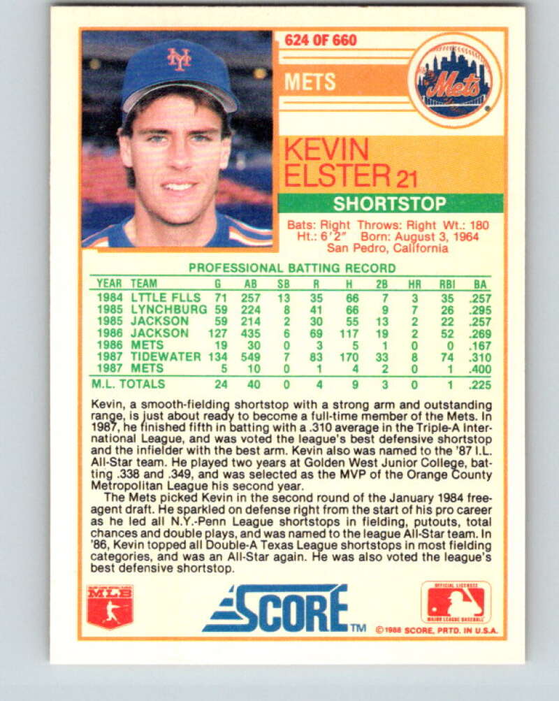 1988 Score #624 Kevin Elster RP Mint New York Mets