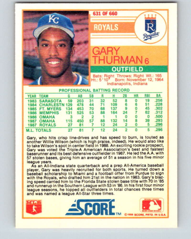 1988 Score #631 Gary Thurman RP Mint Kansas City Royals  Image 2