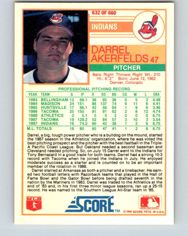 1988 Score #632 Darrel Akerfelds RP Mint RC Rookie Cleveland Indians  Image 2