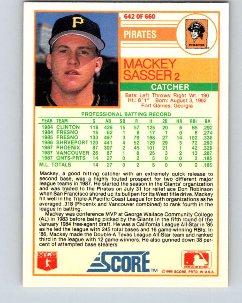 1988 Score #642 Mackey Sasser RP Mint RC Rookie Pittsburgh Pirates  Image 2