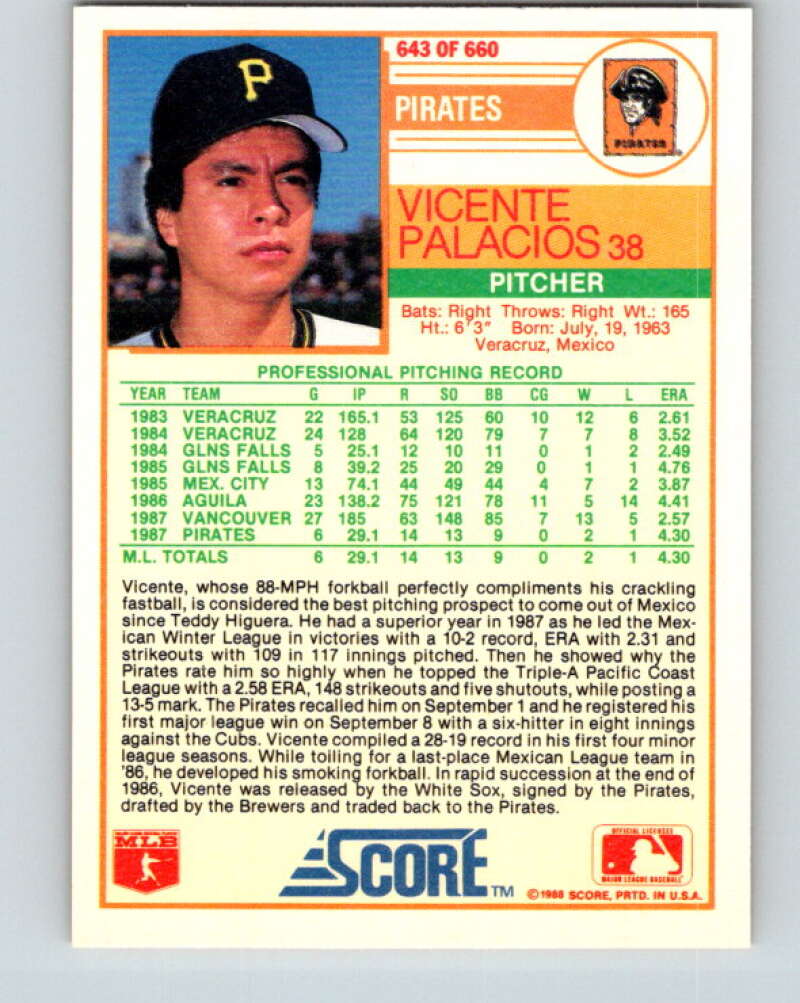 1988 Score #643 Vicente Palacios RP Mint RC Rookie Pittsburgh Pirates  Image 2