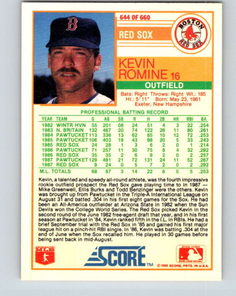 1988 Score #644 Kevin Romine RP Mint Boston Red Sox  Image 2