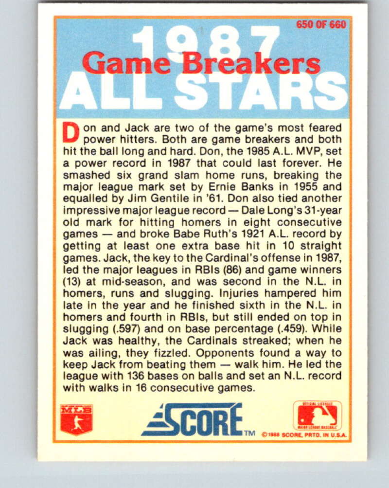 1988 Score #650 Don Mattingly/Jack Clark Game Breakers Mint  Image 2