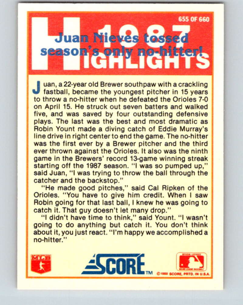 1988 Score #655 Juan Nieves HL Mint Milwaukee Brewers  Image 2