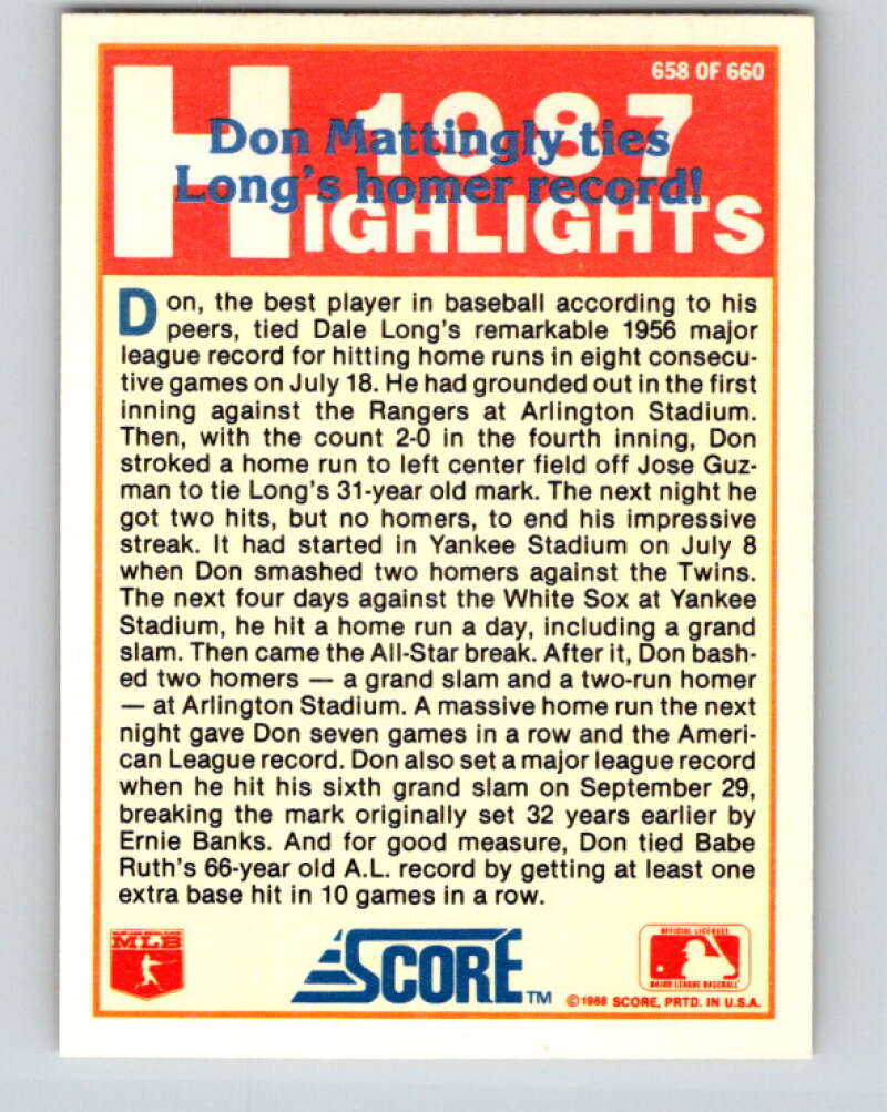 1988 Score #658 Don Mattingly HL Mint New York Yankees  Image 2