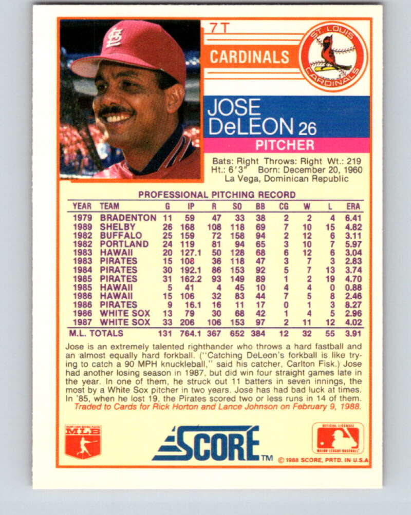 1988 Score Rookie and Traded #7T Jose DeLeon Mint St. Louis Cardinals  Image 2