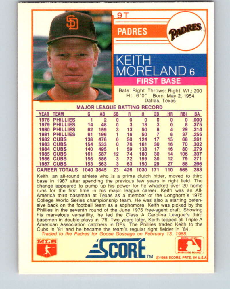 1988 Score Rookie and Traded #9T Keith Moreland Mint San Diego Padres  Image 2