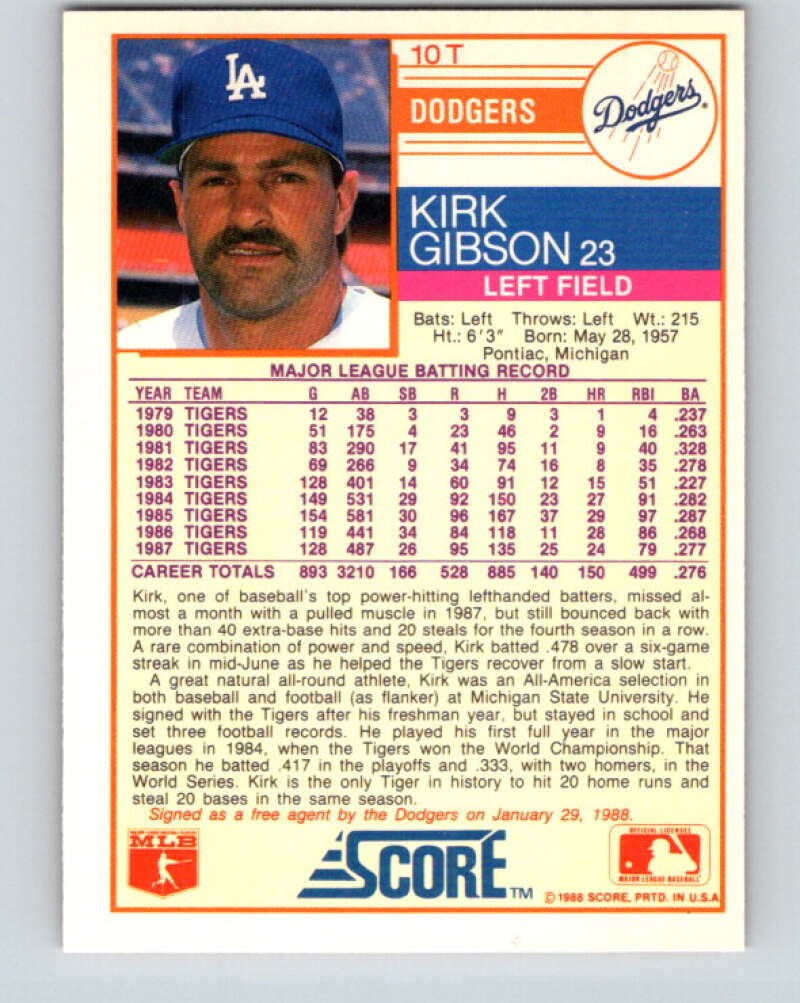 1988 Score Rookie and Traded #10T Kirk Gibson Mint Los Angeles Dodgers