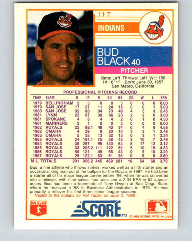 1988 Score Rookie and Traded #11T Bud Black Mint Cleveland Indians  Image 2