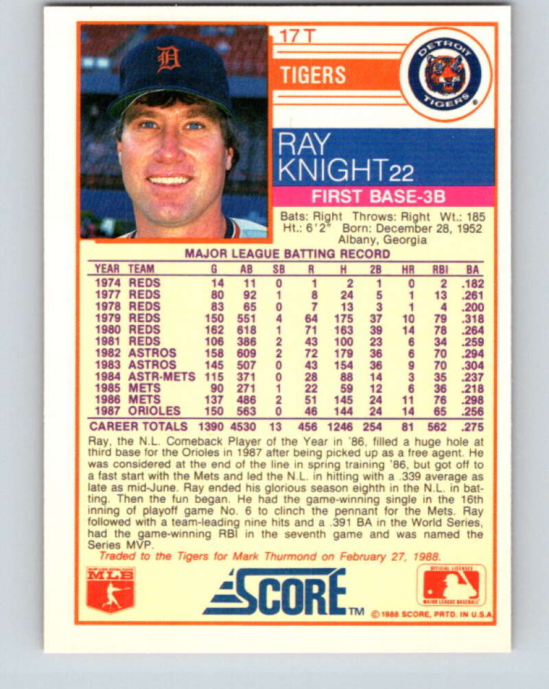 1988 Score Rookie and Traded #17T Ray Knight Mint Detroit Tigers  Image 2