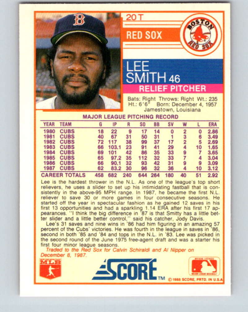 1988 Score Rookie and Traded #20T Lee Smith Mint Boston Red Sox  Image 2