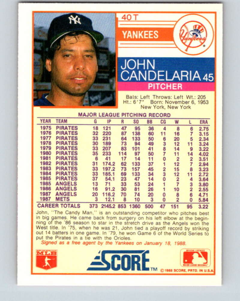1988 Score Rookie and Traded #40T John Candelaria Mint New York Yankees  Image 2