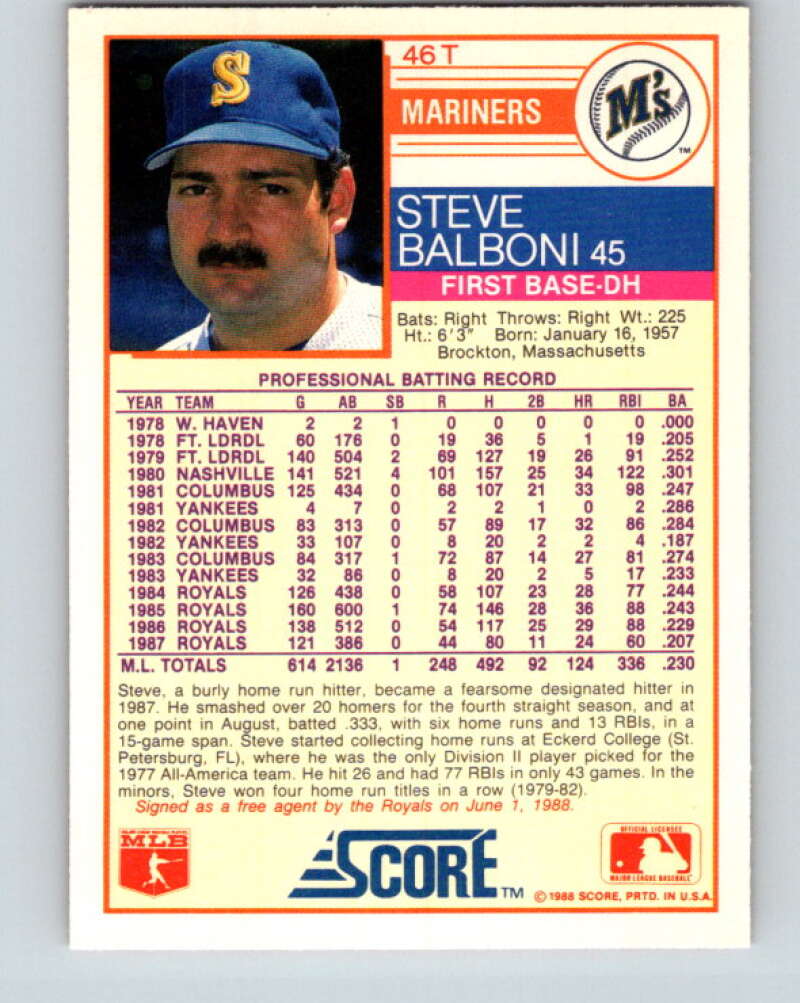 1988 Score Rookie and Traded #46T Steve Balboni Mint Seattle Mariners  Image 2