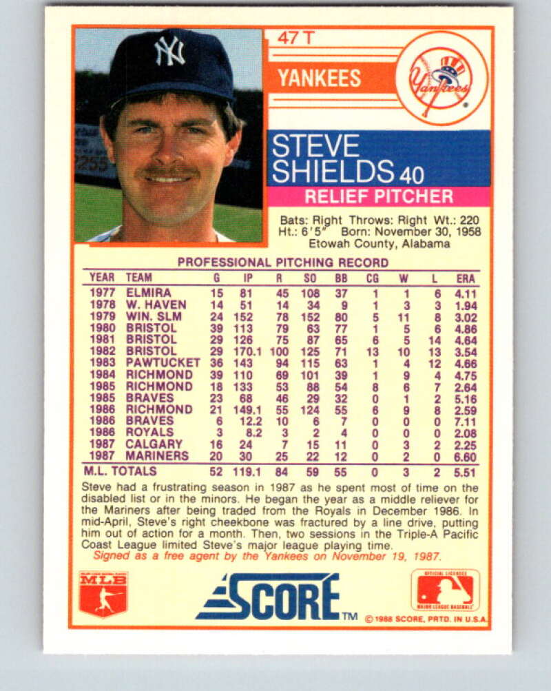 1988 Score Rookie and Traded #47T Steve Shields Mint New York Yankees  Image 2