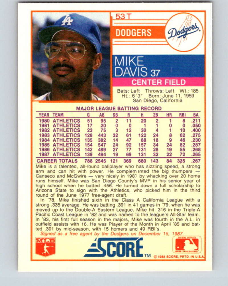 1988 Score Rookie and Traded #53T Mike Davis Mint Los Angeles Dodgers