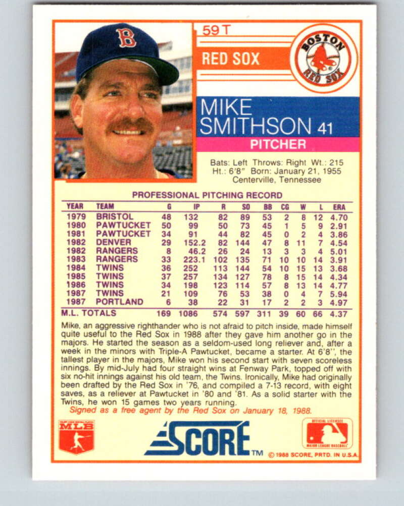 1988 Score Rookie and Traded #59T Mike Smithson Mint Boston Red Sox  Image 2