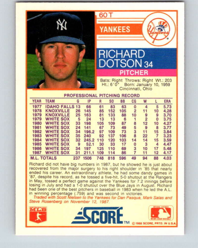 1988 Score Rookie and Traded #60T Richard Dotson Mint New York Yankees  Image 2