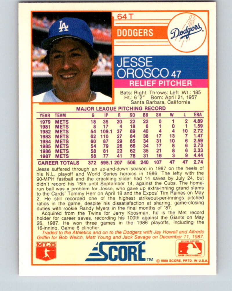 1988 Score Rookie and Traded #64T Jesse Orosco Mint Los Angeles Dodgers
