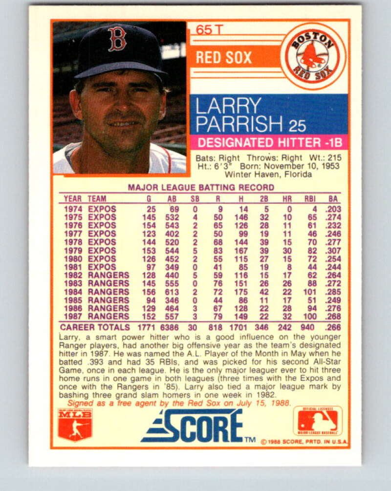 1988 Score Rookie and Traded #65T Larry Parrish Mint Boston Red Sox  Image 2