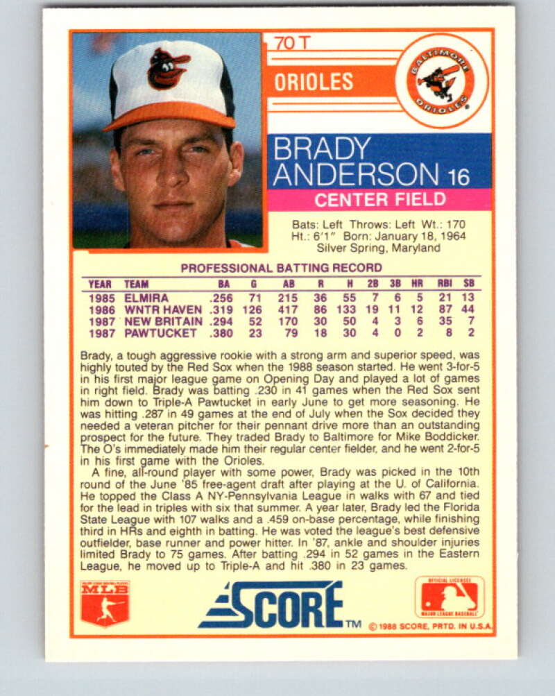 1988 Score Rookie and Traded #70T Brady Anderson Mint RC Rookie Baltimore Orioles