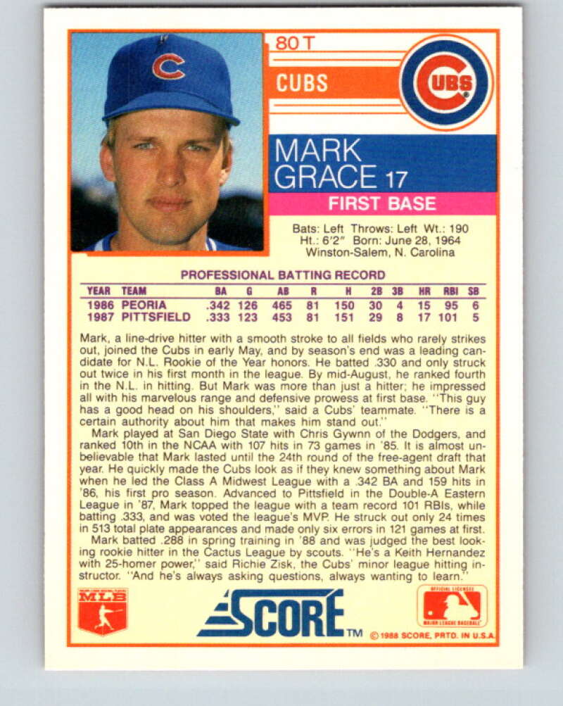 1988 Score Rookie and Traded #80T Mark Grace Mint RC Rookie Chicago Cubs