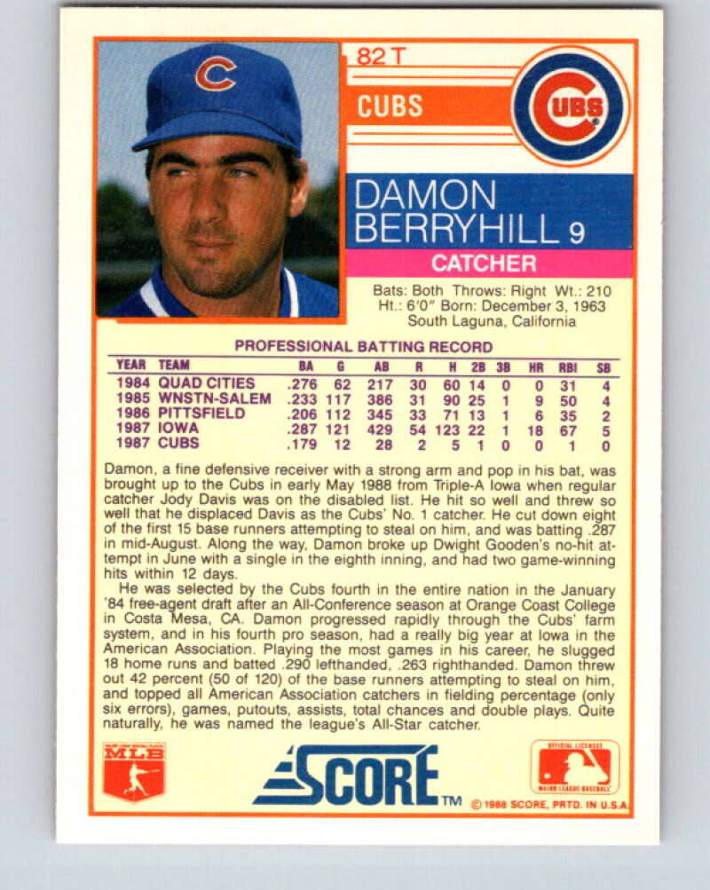 1988 Score Rookie and Traded #82T Damon Berryhill Mint RC Rookie Chicago Cubs