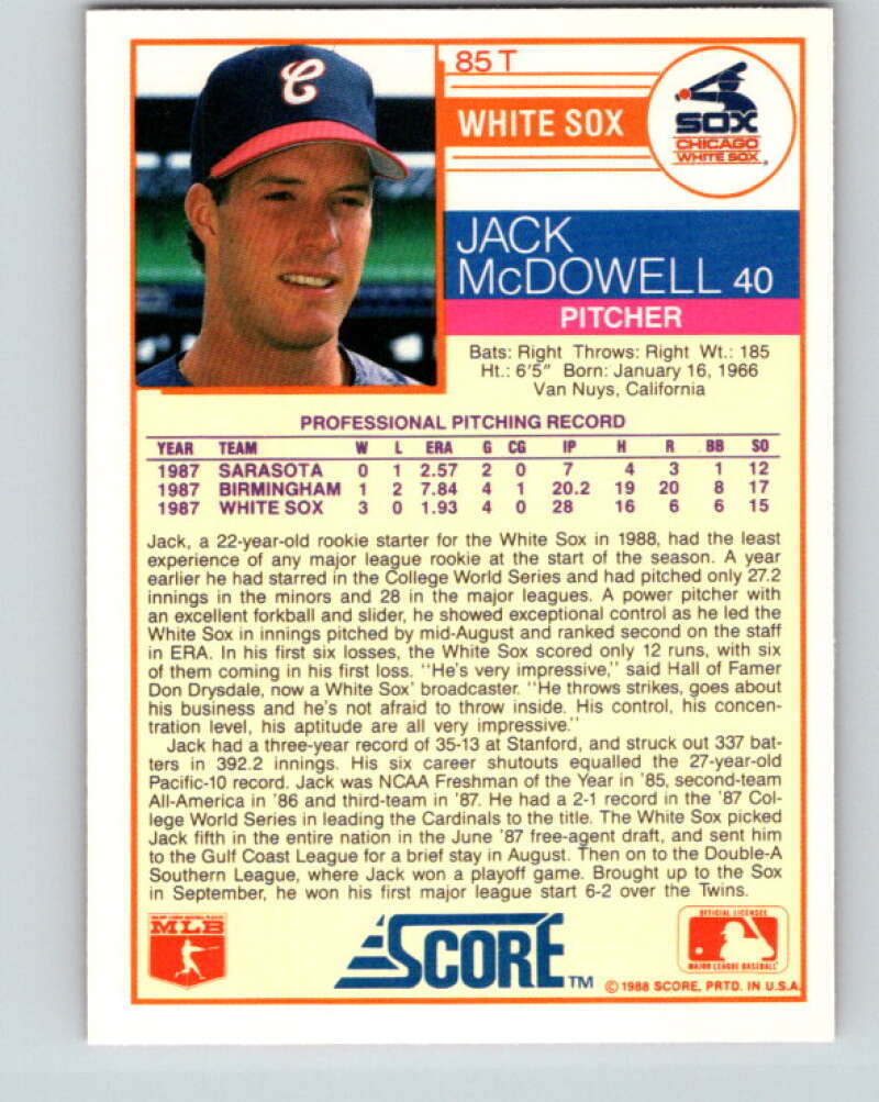 1988 Score Rookie and Traded #85T Jack McDowell Mint RC Rookie Chicago White Sox