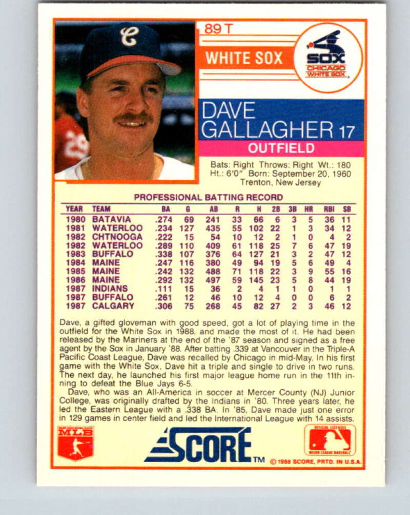 1988 Score Rookie and Traded #89T Dave Gallagher Mint RC Rookie Chicago White Sox  Image 2