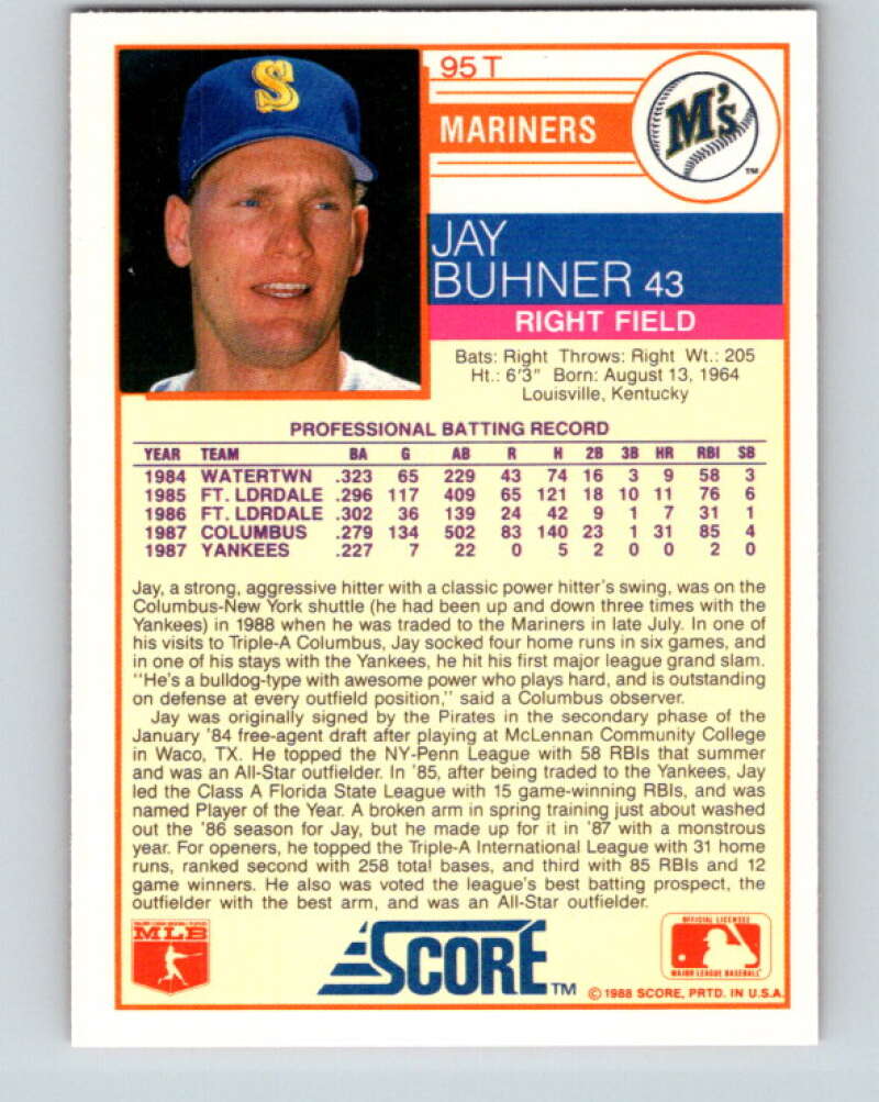 1988 Score Rookie and Traded #95T Jay Buhner Mint RC Rookie Seattle Mariners