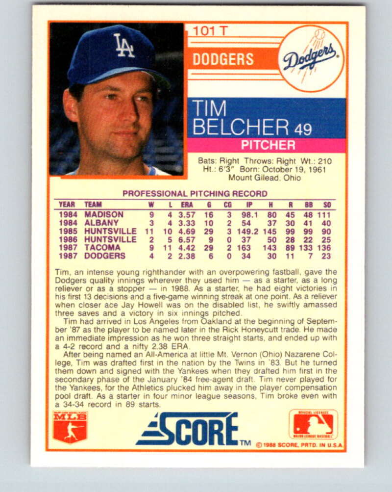 1988 Score Rookie and Traded #101T Tim Belcher Mint Los Angeles Dodgers