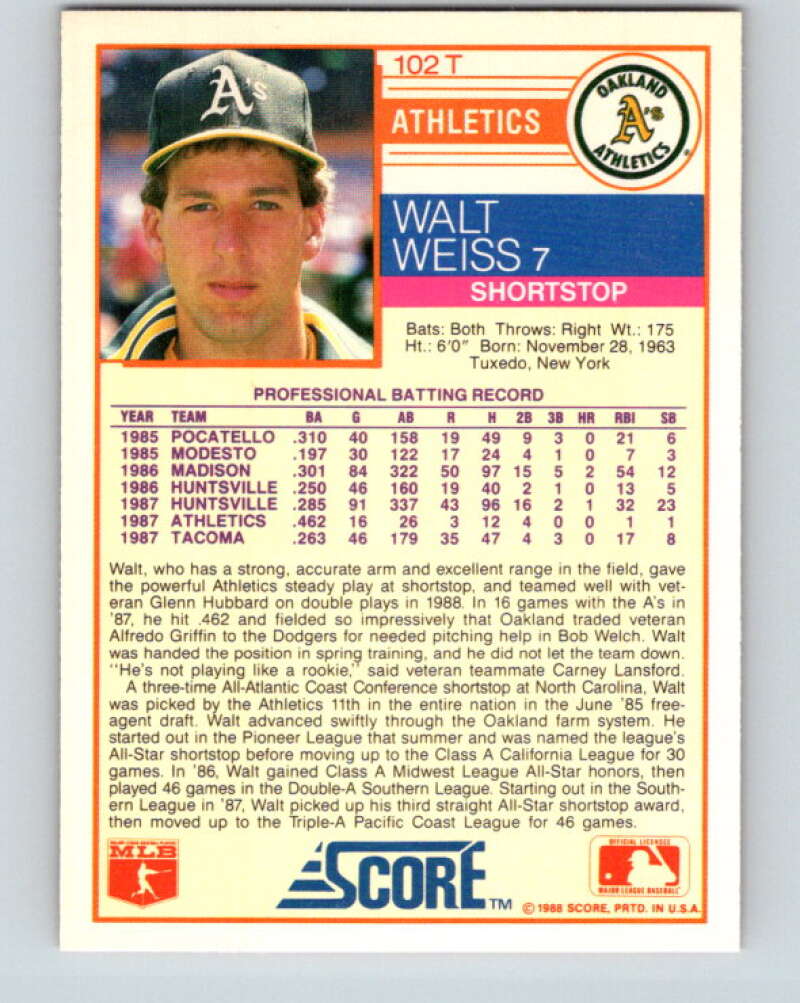 1988 Score Rookie and Traded #102T Walt Weiss Mint RC Rookie Oakland Athletics